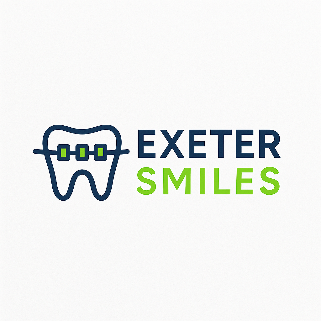 Logo featuring a tooth with braces next to the words "Exeter Smiles" in bold blue and green text on a white background—ideal for digital marketing and online branding.