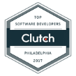 Hexagonal badge reading "Top Software Developers Clutch Philadelphia 2021" in gray, white, and dark blue colors.
