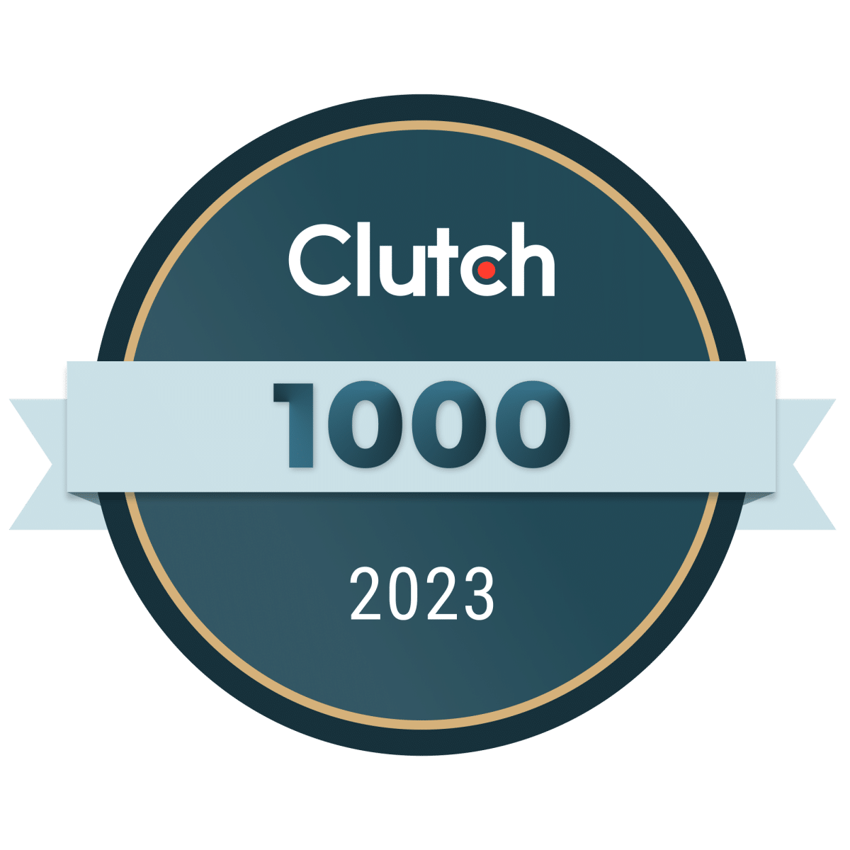 A circular badge with the Clutch logo, the number "1000" on a blue ribbon, and "2023" below, indicating a Clutch 1000 award for 2023.