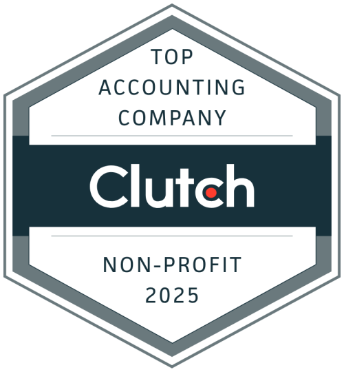 A hexagonal badge reads “Top Nonprofit Accounting Company, Clutch, Non-Profit, 2025” in dark and light gray with a white background.