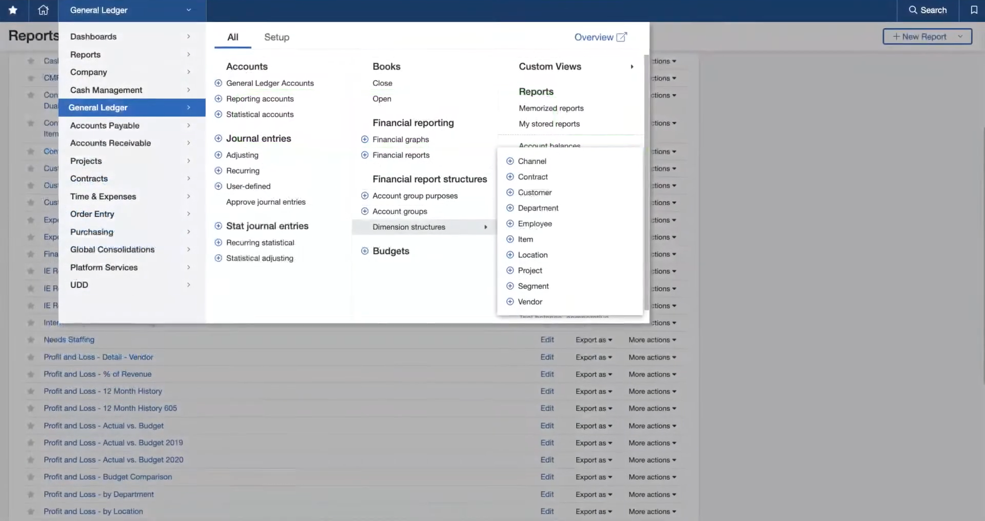 A screenshot of an accounting software interface showing various financial management options such as general ledger, accounts, and reports.