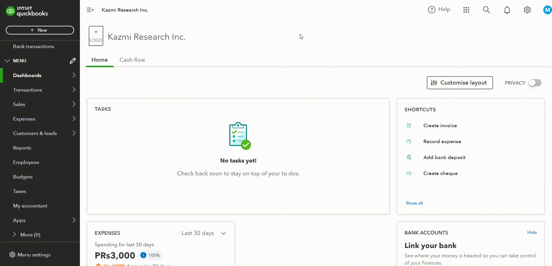 Dashboard of an accounting software showing a task reminder with no tasks yet to do.