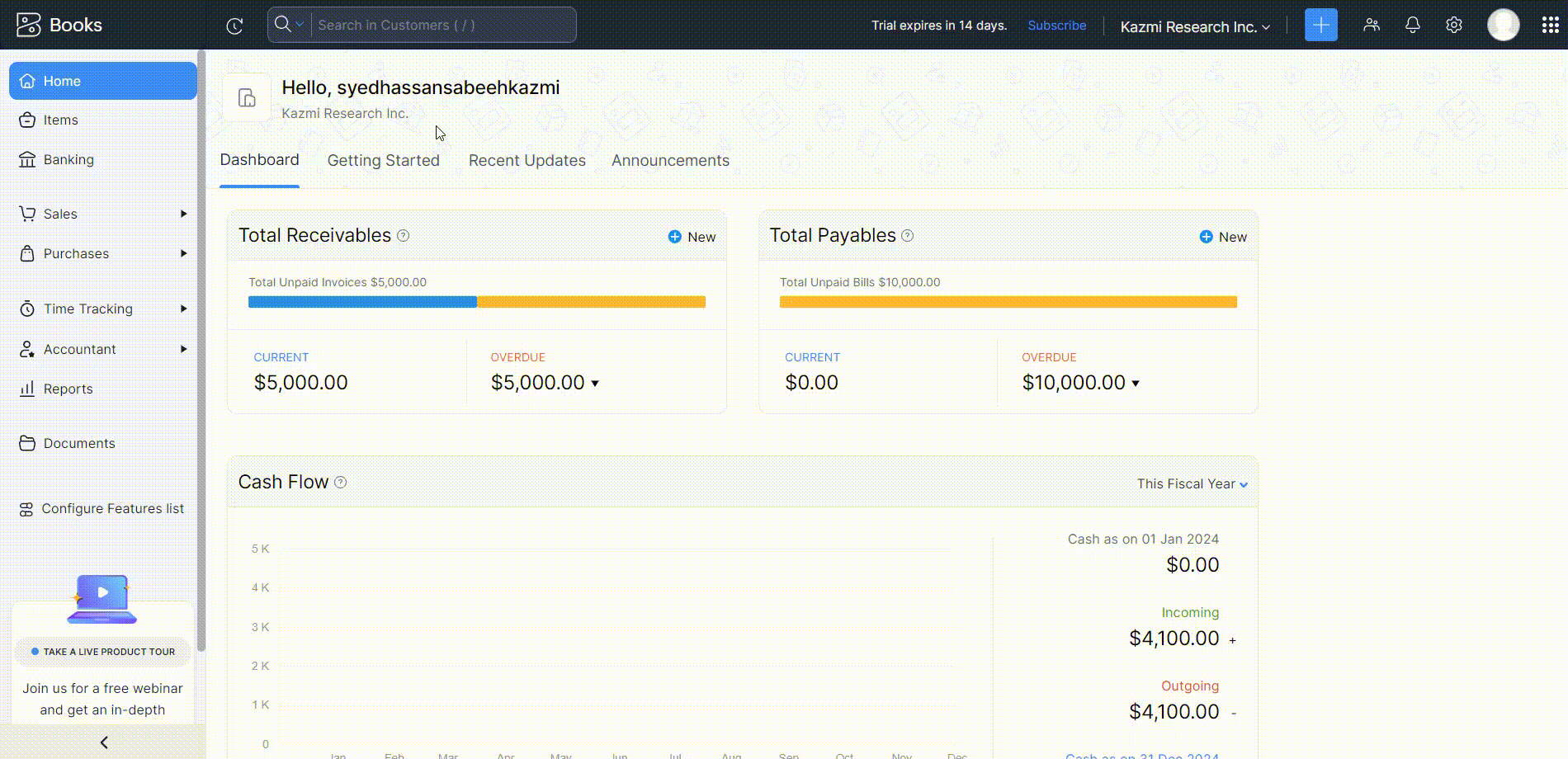 Screenshot of an accounting software dashboard displaying graphs for total receivables, total payables, and cash flow for the current fiscal year.