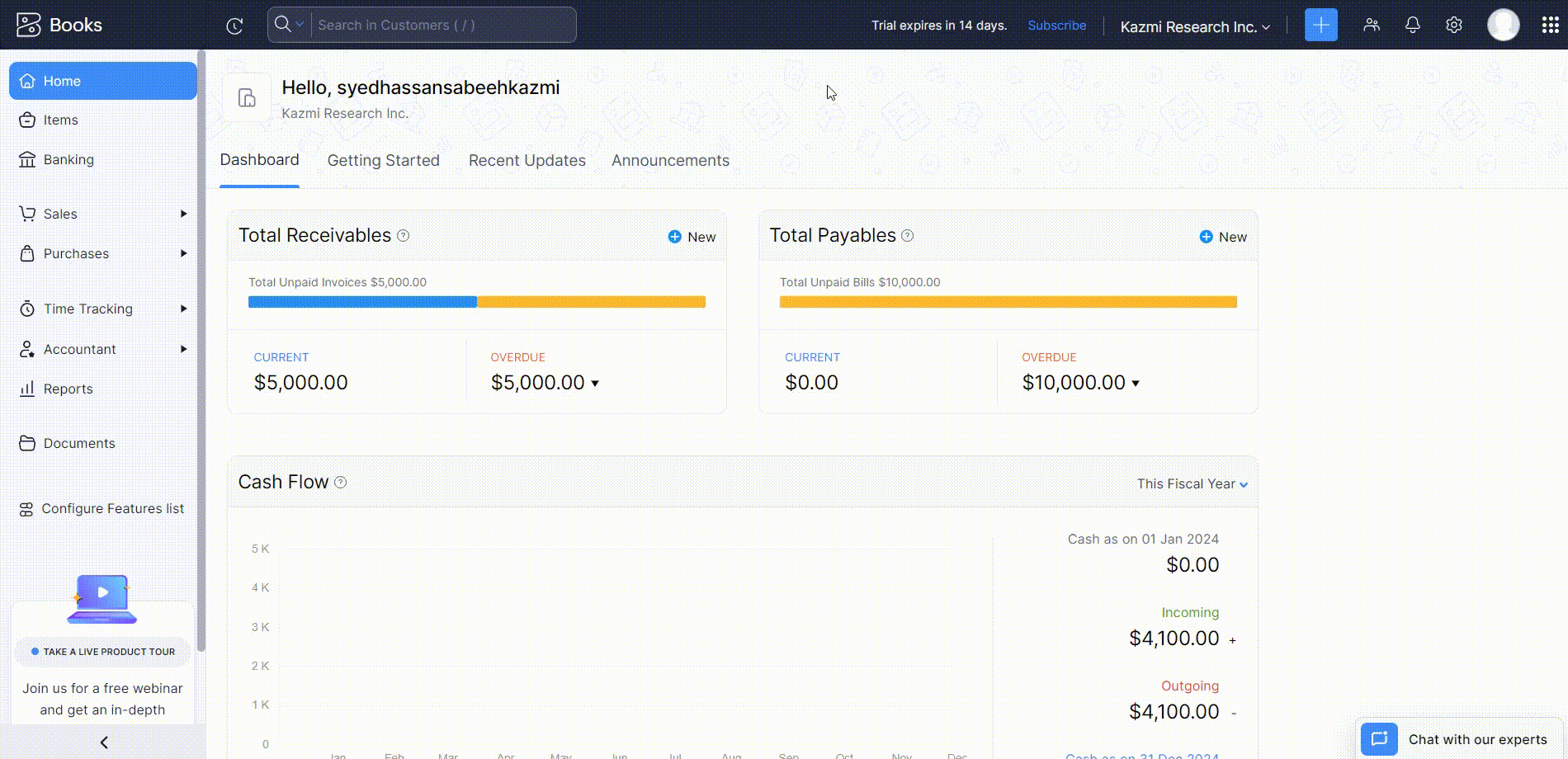 A screenshot of an accounting software dashboard displaying total receivables, total payables, and a cash flow chart for the current fiscal year.