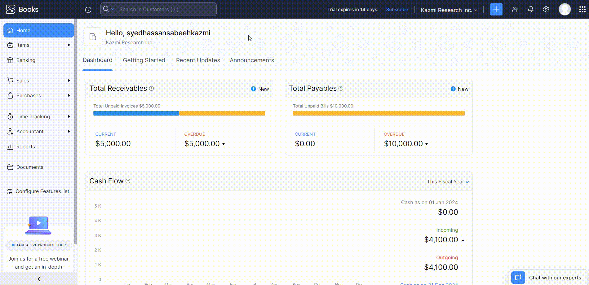 Dashboard interface of a financial management software displaying total receivables, total payables, and a cash flow chart for the current and previous fiscal year.