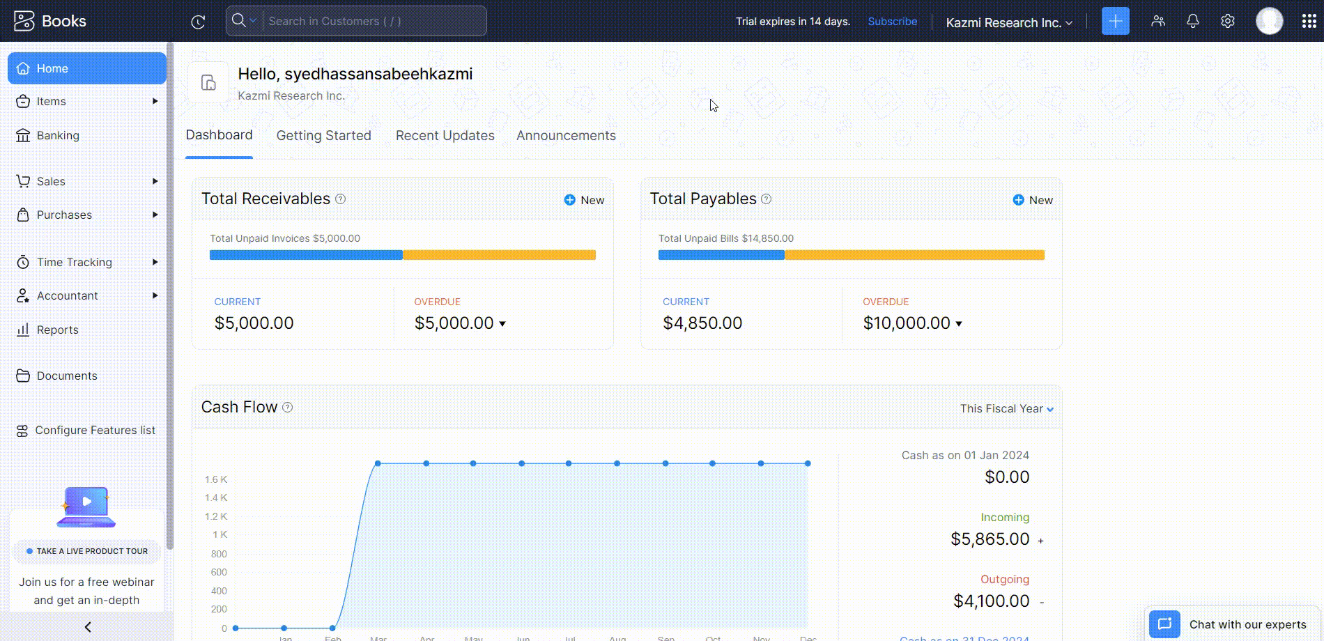 Screenshot of Zoho Books Integrations section
