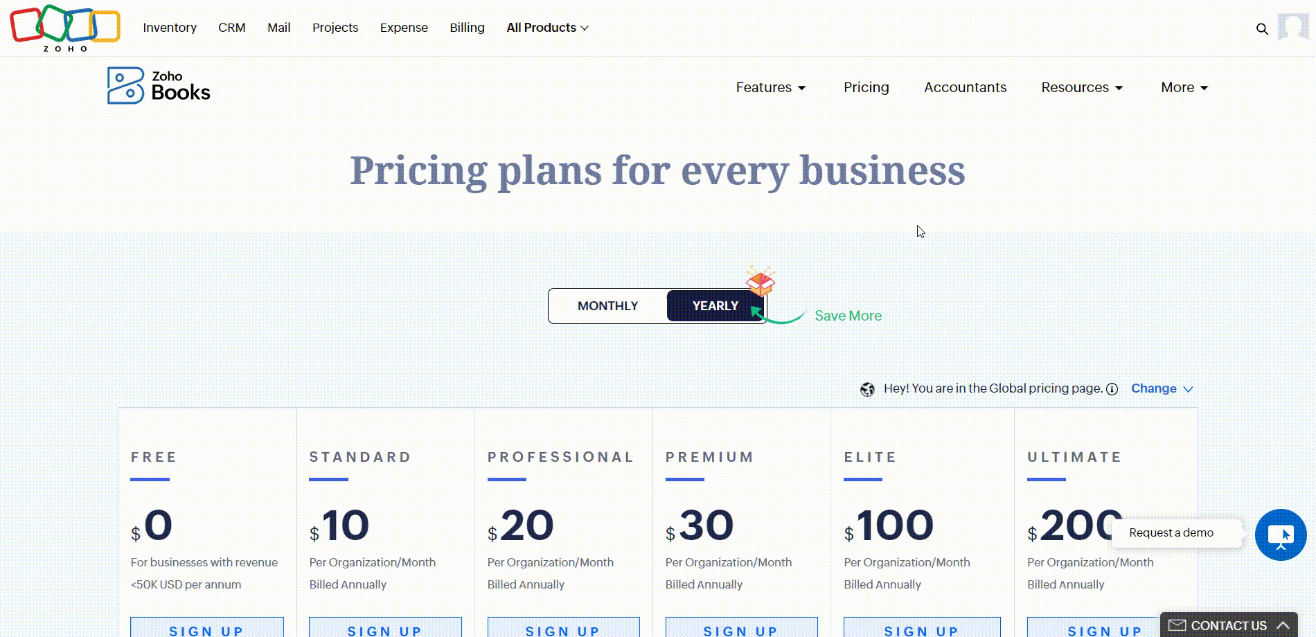 Gif of Zoho Books' pricing plans