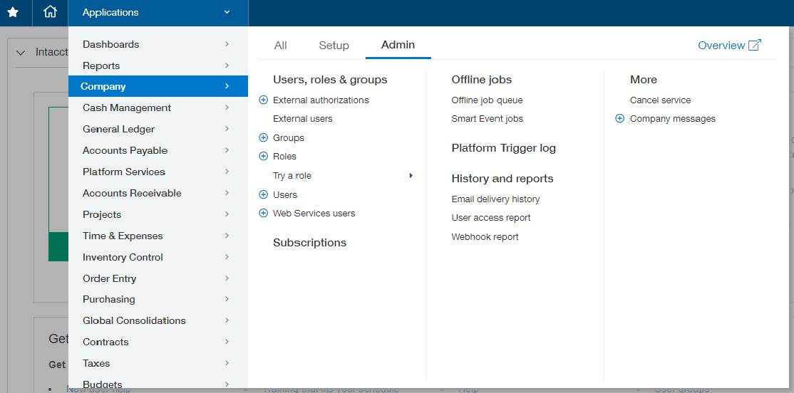 A screenshot of a business management software interface focusing on the 'admin' section with various administrative options listed in the dropdown menu.