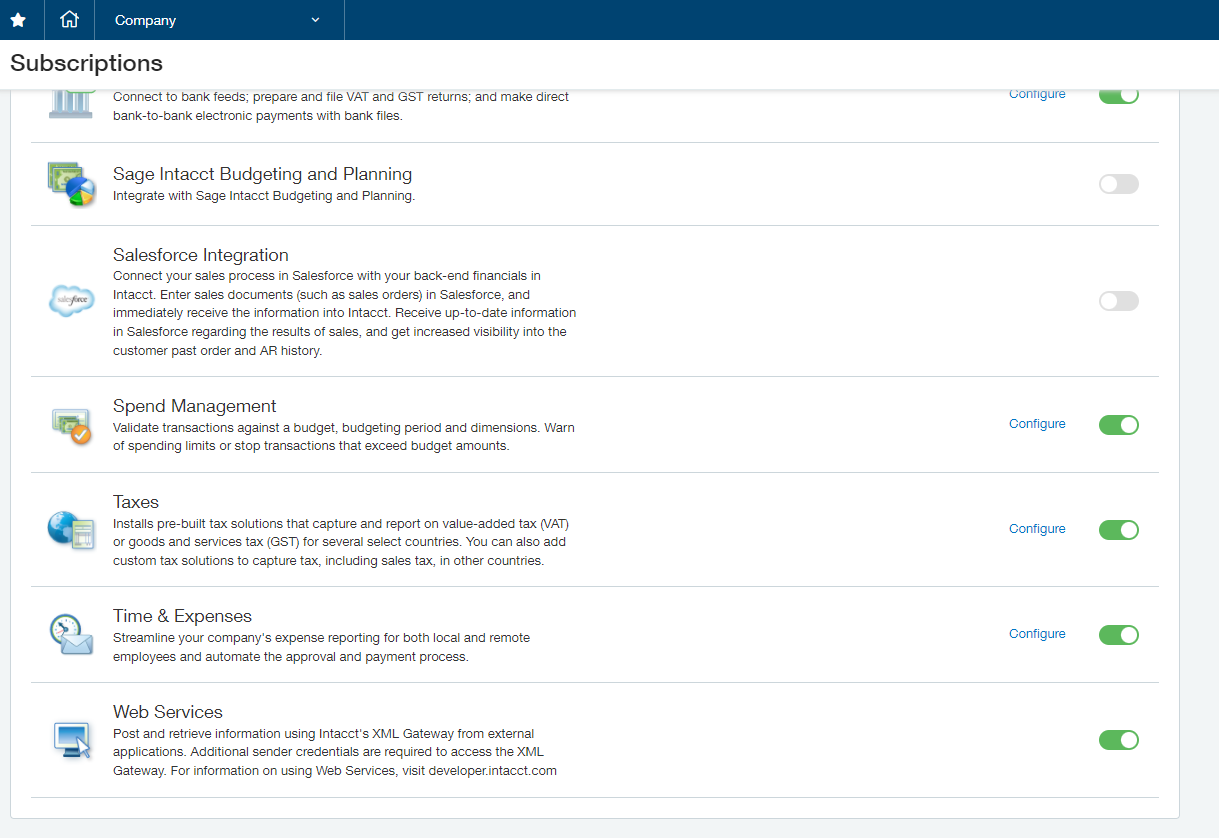A screenshot of a software application displaying a list of different business services and features with toggle switches to enable or disable them.