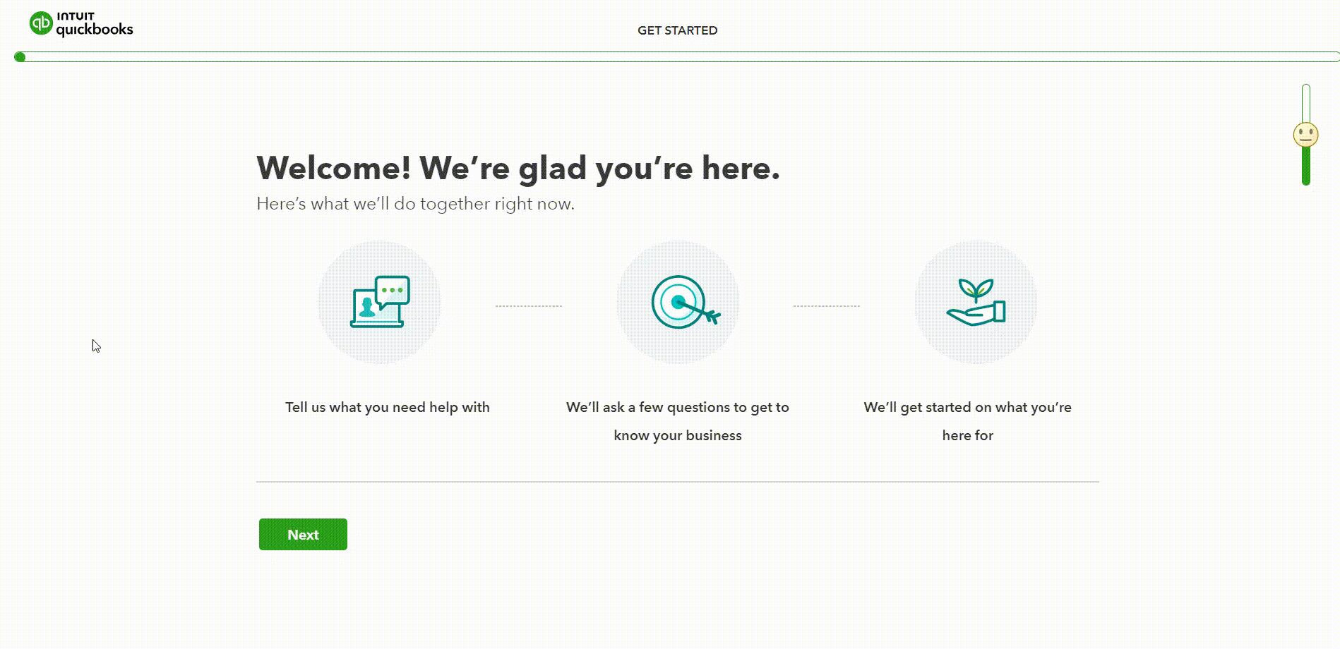 A welcome screen from quickbooks with a three-step onboarding process displayed.