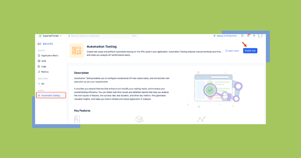 Screenshot of a user interface for automation testing software, featuring menu options, a descriptive text section, and an illustration of gears and charts.