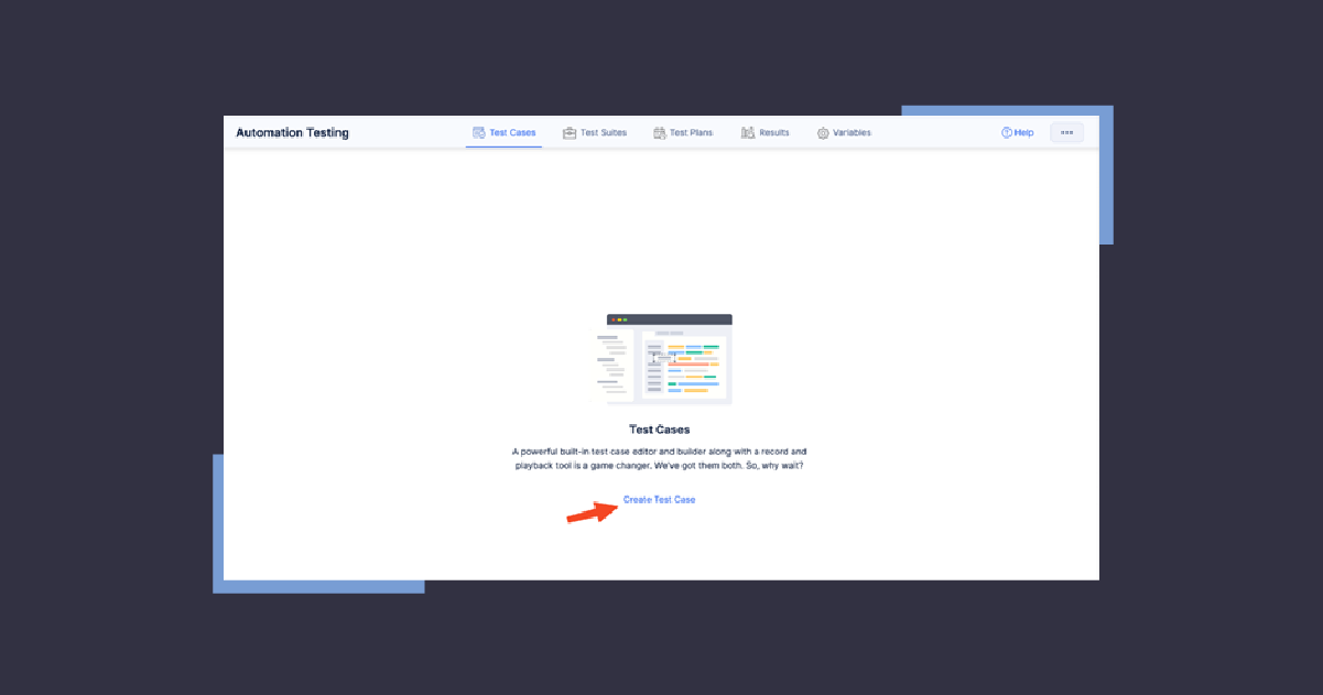 Screenshot of a website interface focused on automation testing, featuring a test case creation section with an example code snippet displayed.