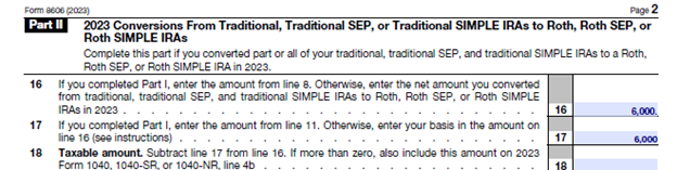Screenshot of a tax form displaying the backdoor Roth IRA conversion section from traditional, SEP, or SIMPLE IRAs with filled-in example amounts.