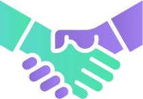 Illustration of two hands shaking, with one hand in teal and the other in purple.