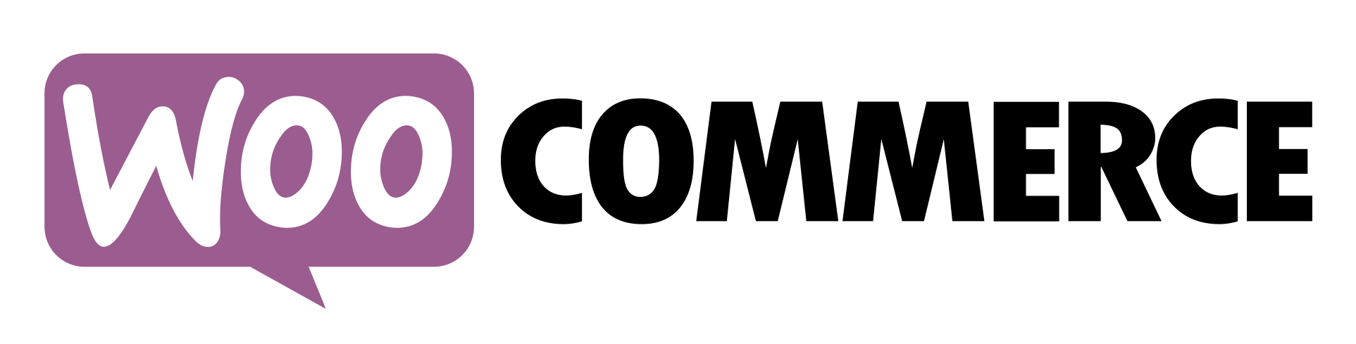 Logo of WooCommerce, featuring a purple speech bubble with the text "Woo" in white and the word "Commerce" in black, symbolizing its robust support for E-Commerce.