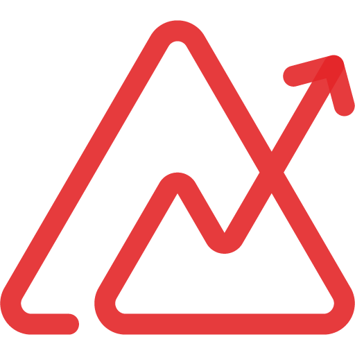 Red outline of two overlapping mountain shapes with an upward-pointing arrow emerging from the larger peak, symbolizing growth or progress in business intelligence and data analytics.