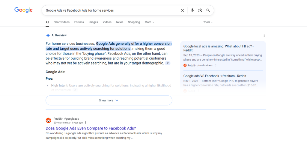 Google search results page showing a summary comparing Google Ads and Facebook Ads for home services, with key points highlighted about conversion rates, audience targeting, SEO impact, and the growing use of AI in digital marketing strategies, with Reddit community threads being one of the first results following the AIO.