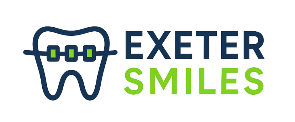 Logo of Exeter Smiles featuring a stylized tooth with braces next to the text “Exeter Smiles,” with “Exeter” in dark blue and “Smiles” in green—a perfect fit for digital marketing materials. Logo of Exeter Smiles featuring a stylized tooth with braces next to the text "Exeter Smiles," with "Exeter" in dark blue and "Smiles" in green—a perfect fit for digital marketing materials.