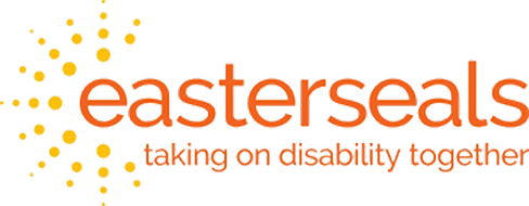 Easterseals logo with orange text and yellow dots, featuring the tagline "taking on disability together.
