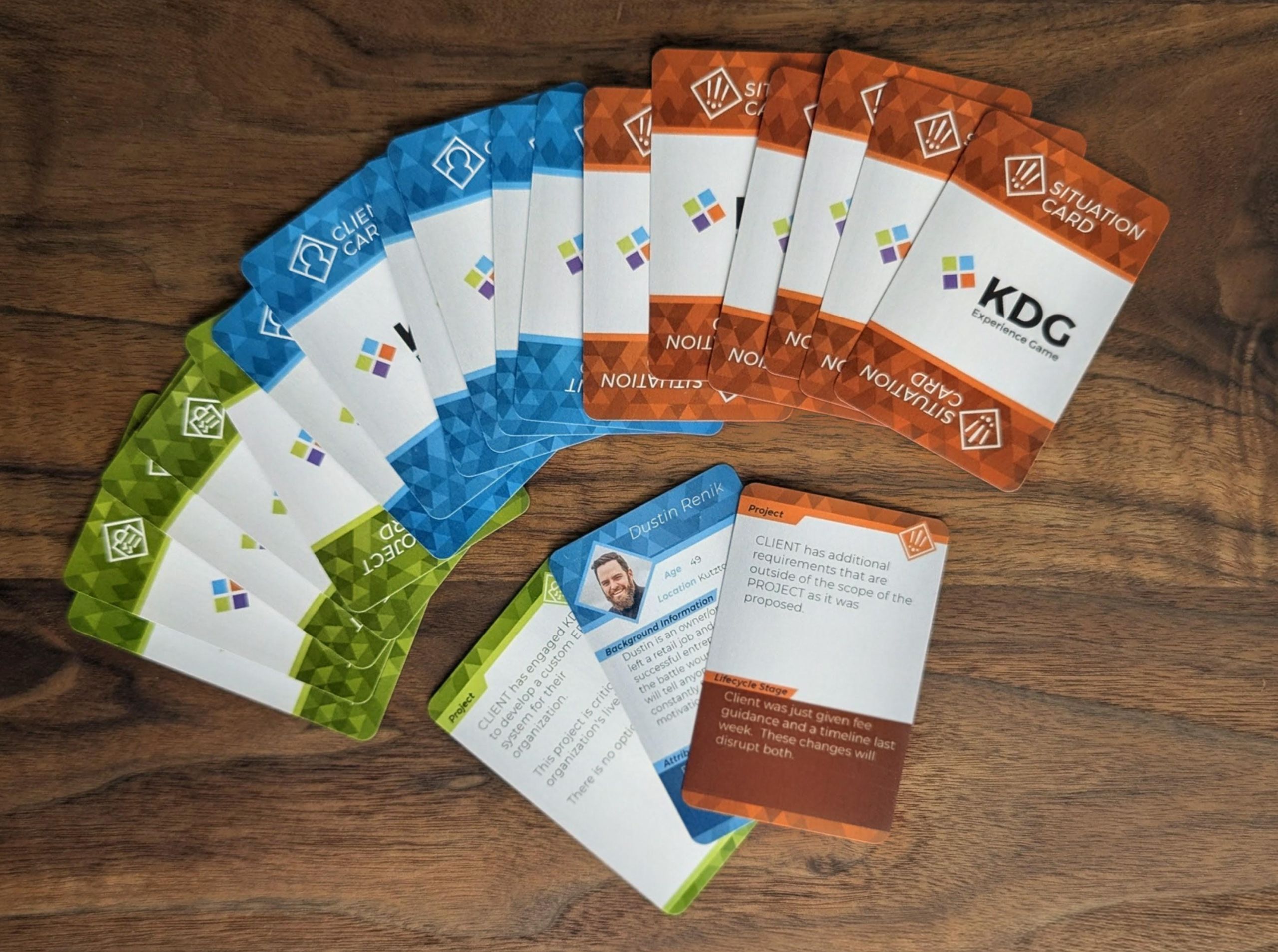 A set of game cards with green, blue, and orange backs are spread out on a wooden surface; a few cards are face-up, revealing client persona details with text and a profile photo. This is the KDG custom-designed client persona TOFUU card deck for internal team exercises and challenges.