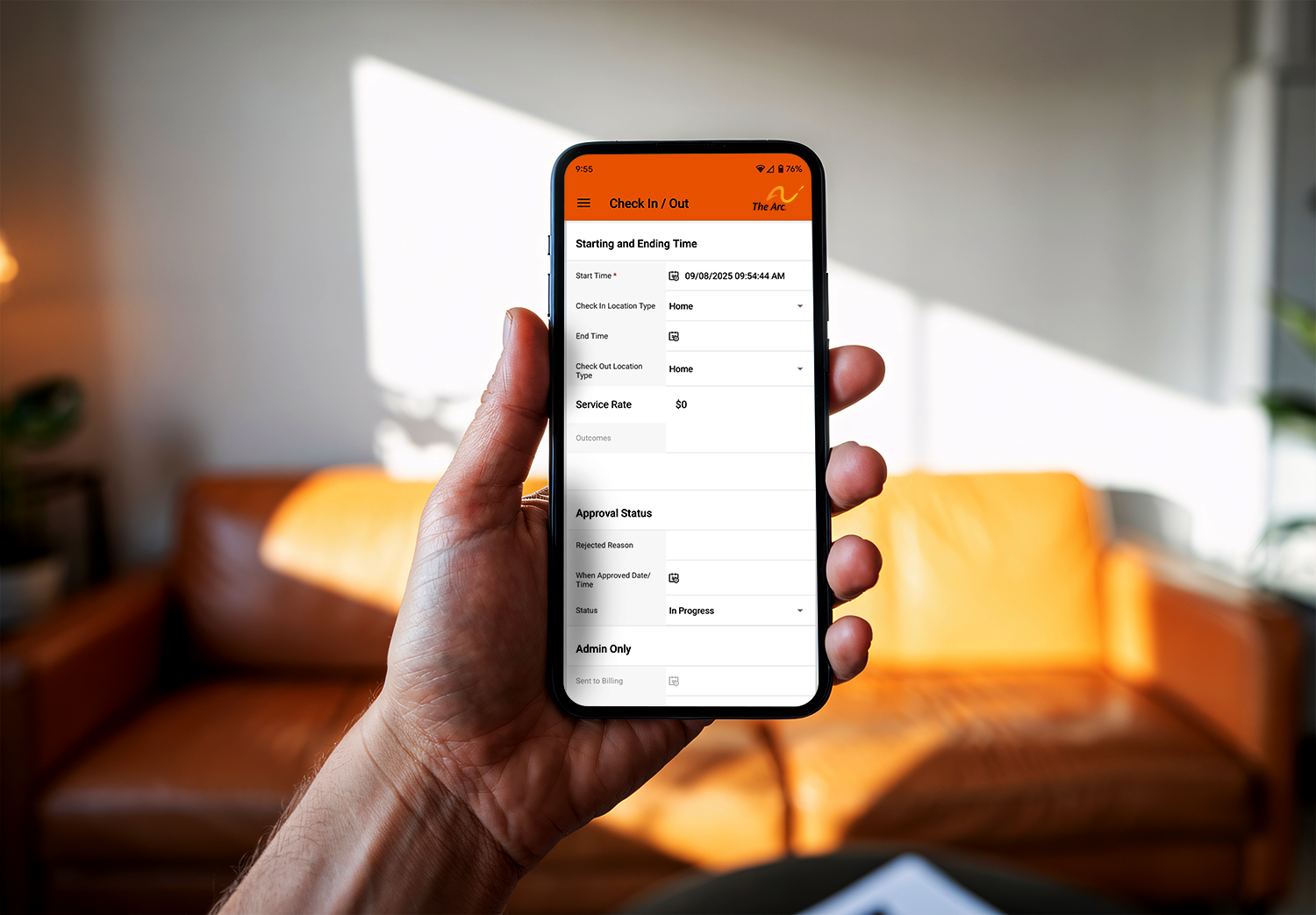 A hand holds a smartphone displaying an HCBS software check-in/check-out interface with fields for start time, end time, service rate, and approval status, ensuring EVV compliance in a bright living room. A hand holds a smartphone displaying an HCBS software check-in/check-out interface with fields for start time, end time, service rate, and approval status, ensuring EVV compliance in a bright living room.
