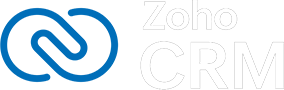 Zoho CRM logo featuring a blue interconnected loop symbol on the left and the words "Zoho CRM" in white text on the right, representing a trusted solution for Digital Marketing professionals.