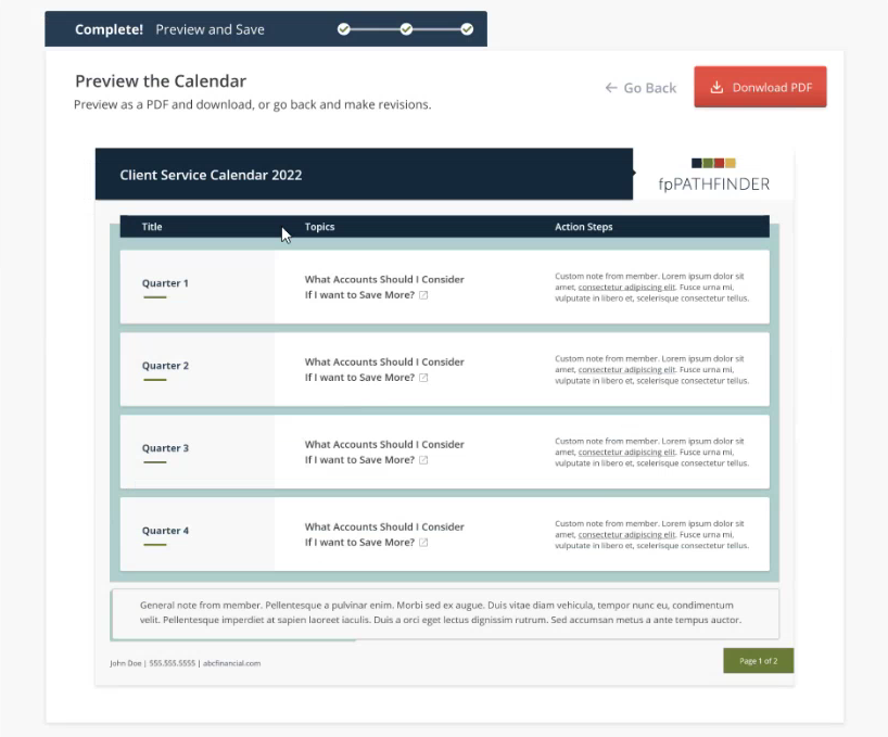A digital calendar preview displays quarterly client service tasks, with action steps and topics, and options to download as PDF or edit before saving.