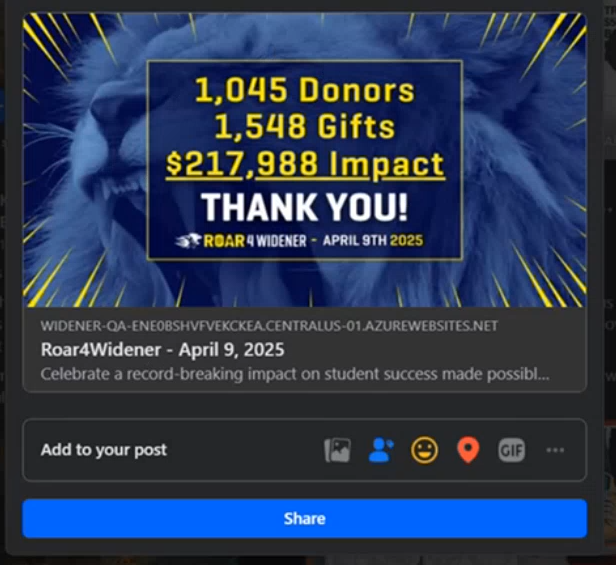 Graphic with a lion image and text showing results: 1,045 donors, 1,548 gifts, $217,988 impact. Event labeled Roar4Widener, April 9, 2025. Graphic with a lion image and text showing results: 1,045 donors, 1,548 gifts, $217,988 impact. Event labeled Roar4Widener, April 9, 2025.