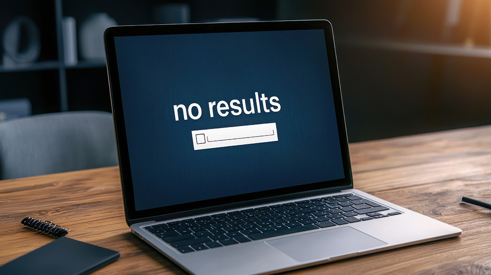 A laptop on a wooden desk displays a dark screen with the words “no results” and a blank search bar – a likely result for businesses that do not have a Google Business Profile A person holds a smart phone in their hand with the icon for voice search showing on screen while they speak.