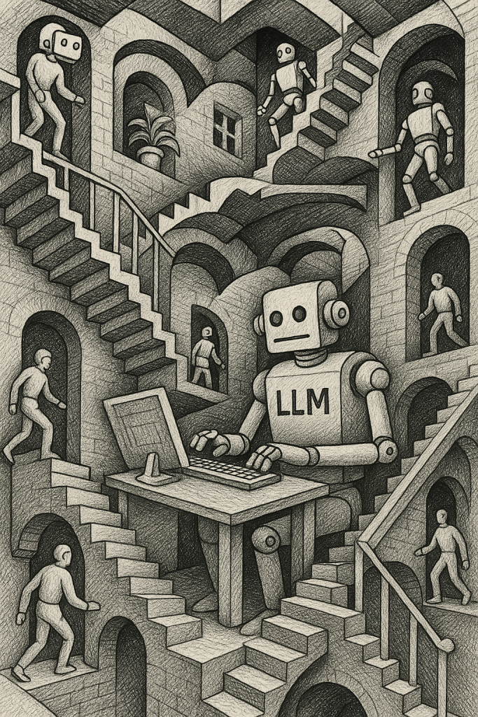 A robot labeled "LLM" works at a laptop in a complex, Escher-like maze of staircases, using AI to enhance UX as smaller robots navigate different levels.