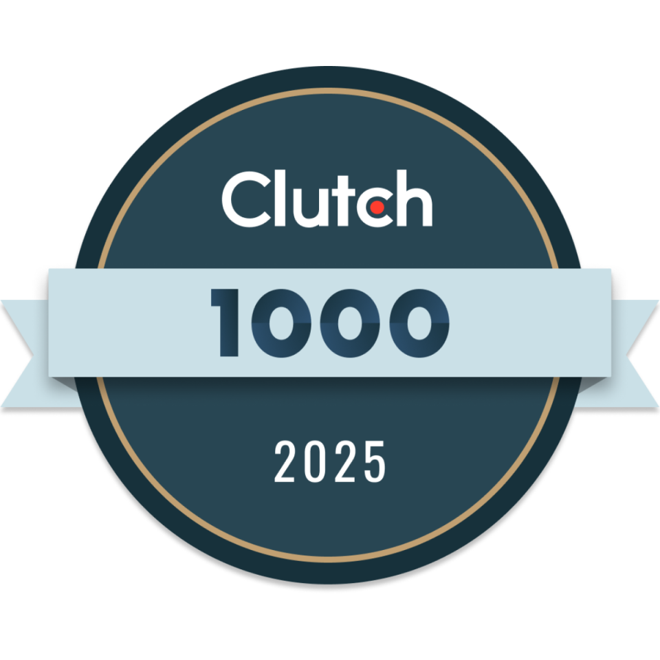A round Clutch badge with "1000" in bold on a light blue ribbon and "2025" below, indicating a 2025 Clutch 1000 award or recognition.