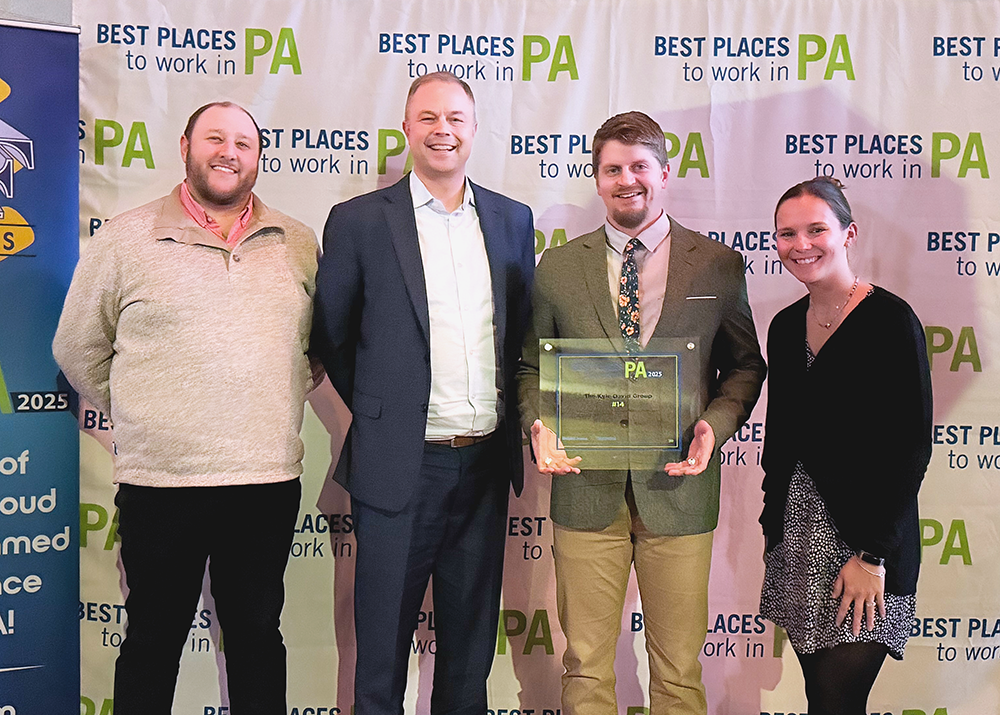 KDG ranks #14 in the Small Business category for Best Places to Work In PA 2025 Four of KDG's leadership members, including the CEO, stand in front of a "Best Places to Work in PA" backdrop, proudly holding a glass award that marks KDG as one of the top small businesses to work at in PA for 2025 (ranked #14 in the state)—a testament to KDG's inclusive and supportive work environment.