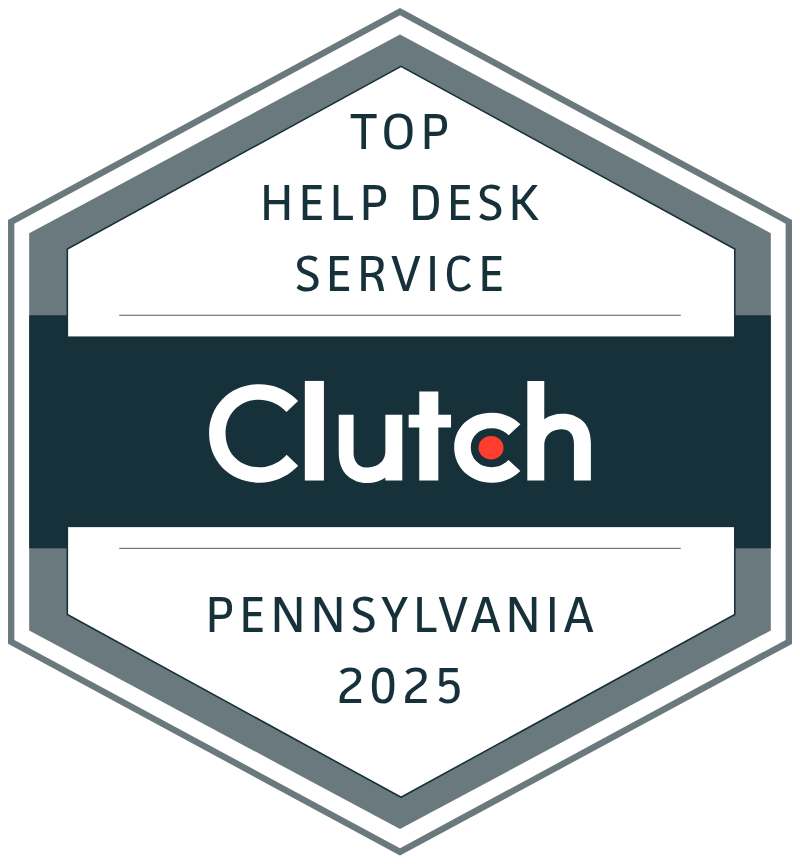 Hexagonal badge displaying "Top Help Desk Service Clutch Pennsylvania 2025" in bold text, with a dark horizontal band behind the word "Clutch.
