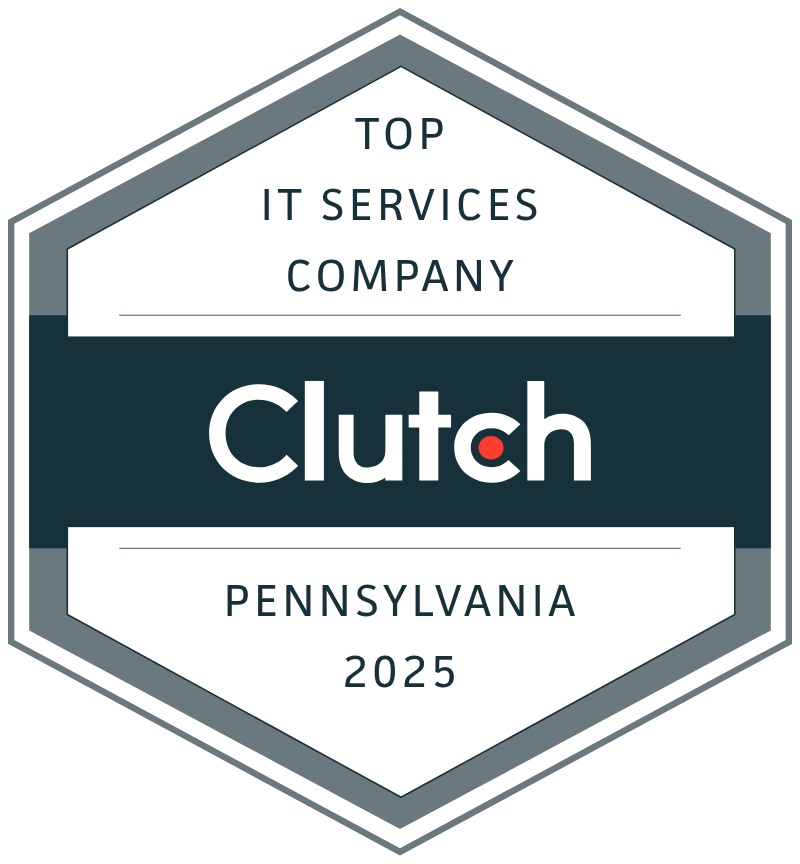 Hexagonal badge displaying "Top IT Services Company Clutch Pennsylvania 2025" in black and gray text with a dark horizontal band across the center.
