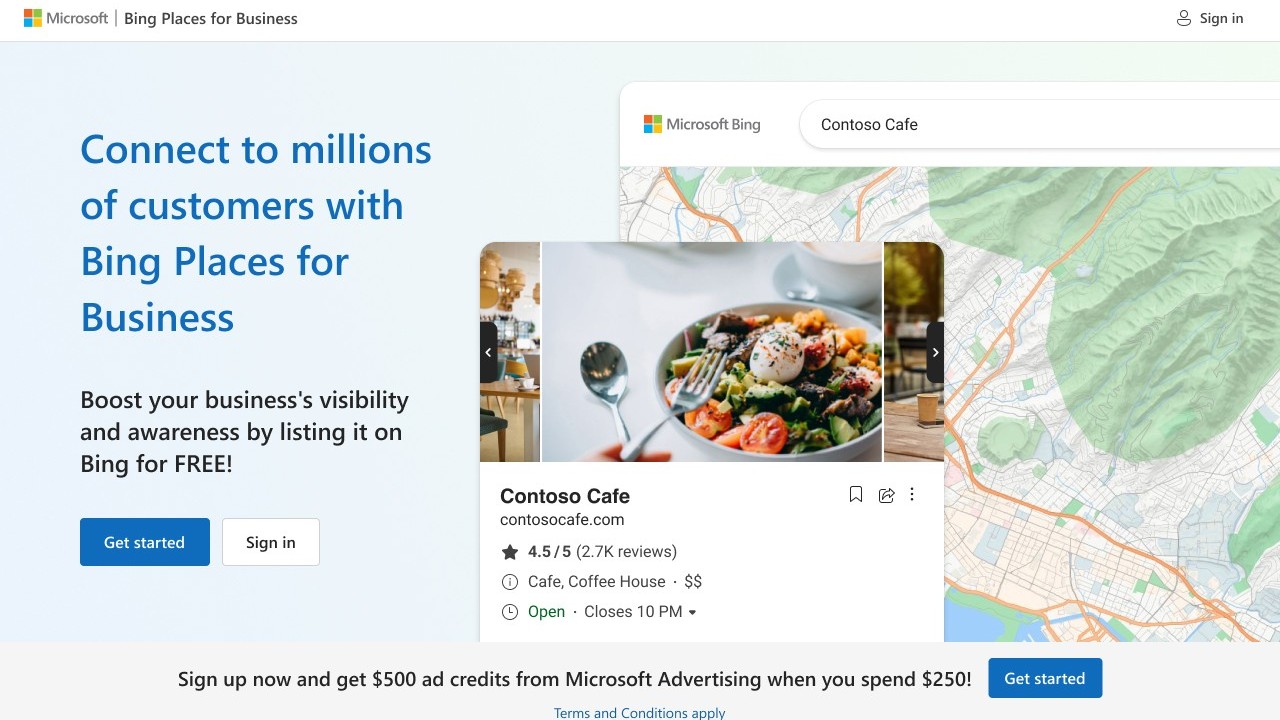 A Bing Places for Business webpage displays a map, a restaurant profile for "Contoso Cafe," Bing Search integration, and a promotion for free ad credits with a $250 spend.