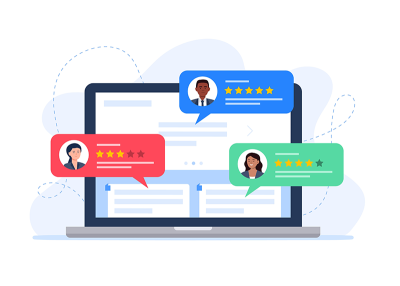 Illustration of a laptop displaying three user reviews with profile icons and star ratings in colored speech bubbles, highlighting how positive feedback can boost online presence and support business growth. Illustration of a laptop displaying three user reviews with profile icons and star ratings in colored speech bubbles, highlighting how positive feedback can boost online presence and support business growth.